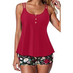 Tankini Swimsuit Flowy Red Top Black Floral Shorts Size Large NWT  #2087